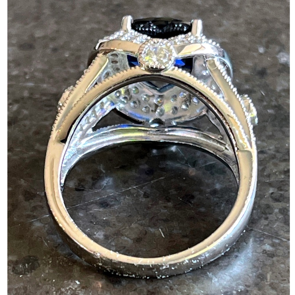 Sterling Silver Cushion-Cut Blue Simulated Sapphire &CZ Halo Statement Ring SZ10 - Picture 6 of 10